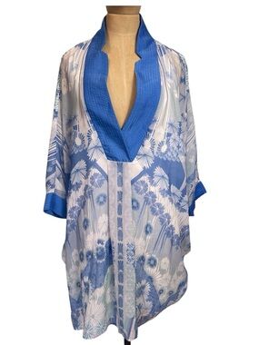 Bebe Blue Kimono Md Floral Print Top Contrast Trim Island Beach Coastal Kaftan